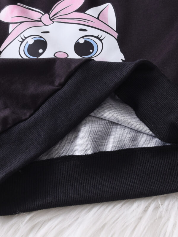 Girls Fall Round Neck Long Sleeve Pink Heart Pattern and Cartoon Cat Pattern Flared Trousers Set - Image 5