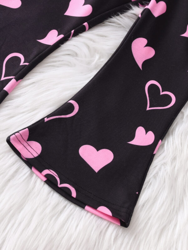 Girls Fall Round Neck Long Sleeve Pink Heart Pattern and Cartoon Cat Pattern Flared Trousers Set - Image 9