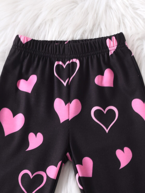 Girls Fall Round Neck Long Sleeve Pink Heart Pattern and Cartoon Cat Pattern Flared Trousers Set - Image 6