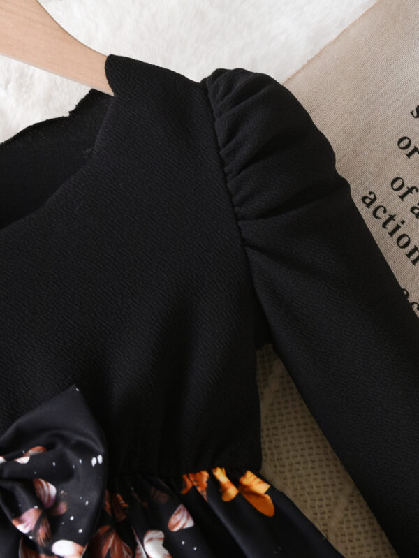 Girls autumn trend long sleeve puff sleeve waist with black bow decoration waist fashionable autumn dress - Image 4