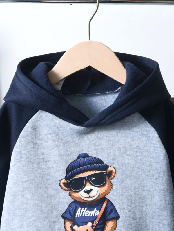 Boys autumn hooded sweatshirt with trendy bear pattern on the front and long pants set suitable for outdoor - Image 3