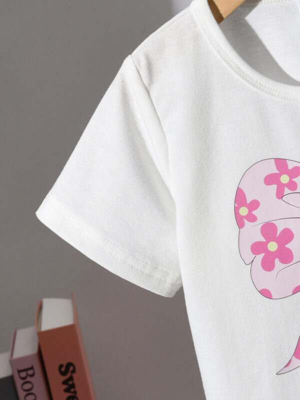 Girls Summer Two-piece Set Bow Print T-shirt + Pink Flower Tutu Skirt Princess Style - Image 5