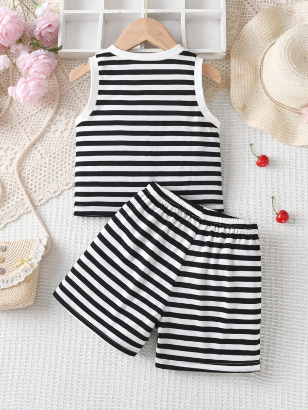 Girls Summer Fashion Striped Cherry Pattern Shorts Set Girls Summer Round Neck Sleeveless Shorts Set - Image 2