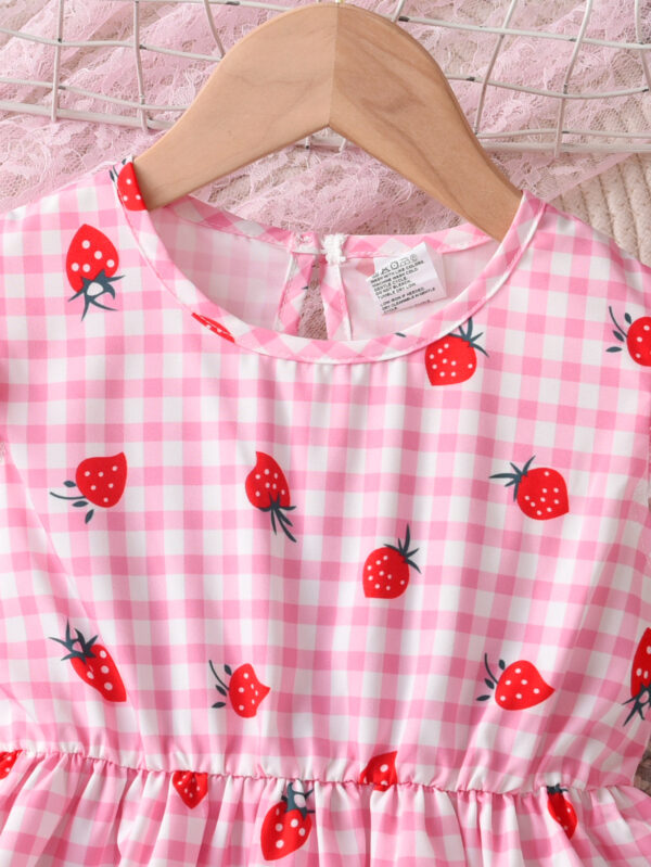 Summer Girls Fashion Plaid Strawberry Print Casual Dress Girls Summer Small Flying Sleeve Dress - Image 3