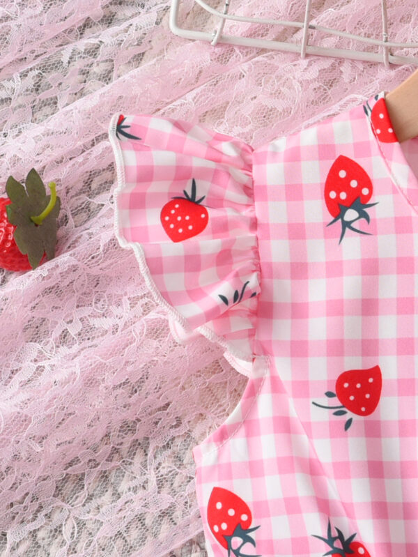 Summer Girls Fashion Plaid Strawberry Print Casual Dress Girls Summer Small Flying Sleeve Dress - Image 4