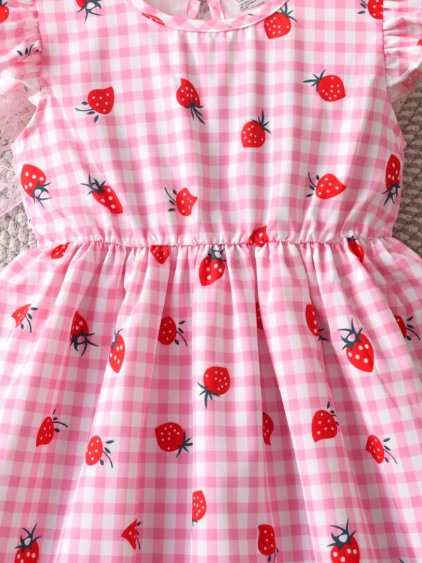 Summer Girls Fashion Plaid Strawberry Print Casual Dress Girls Summer Small Flying Sleeve Dress - Image 5