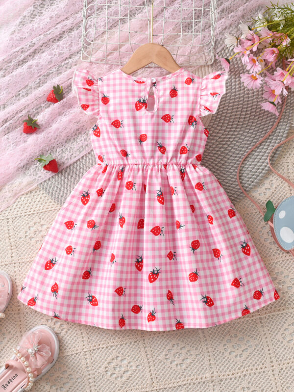 Summer Girls Fashion Plaid Strawberry Print Casual Dress Girls Summer Small Flying Sleeve Dress - Image 2