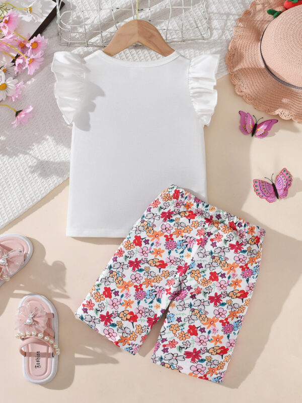 Summer girls girls sleeveless round neck small flying sleeve short T-shirt floral comfortable cool shorts suit - Image 2