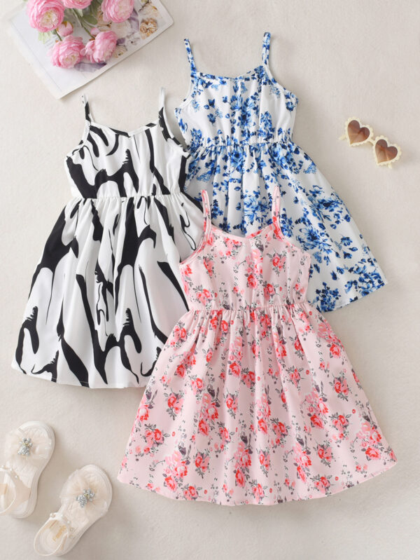 Girls Summer 3-piece floral print and irregular stripes thin straps simple fashion dress - Image 2