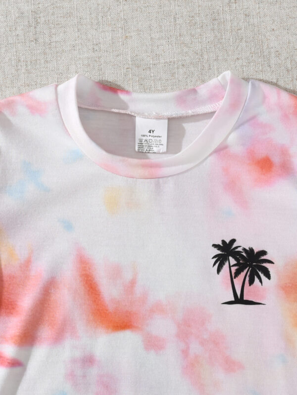 Boys&apos; Colorful Tie-Dye Palm Tree Pattern Short Lightweight Fashion Short-Sleeved Round Neck T-Shirt + Solid Color Shorts Set - Image 5
