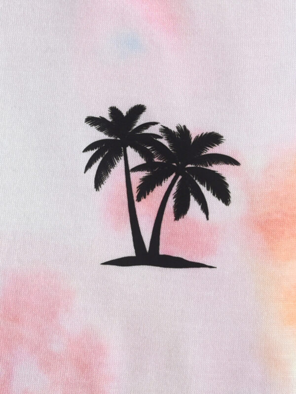 Boys&apos; Colorful Tie-Dye Palm Tree Pattern Short Lightweight Fashion Short-Sleeved Round Neck T-Shirt + Solid Color Shorts Set - Image 6
