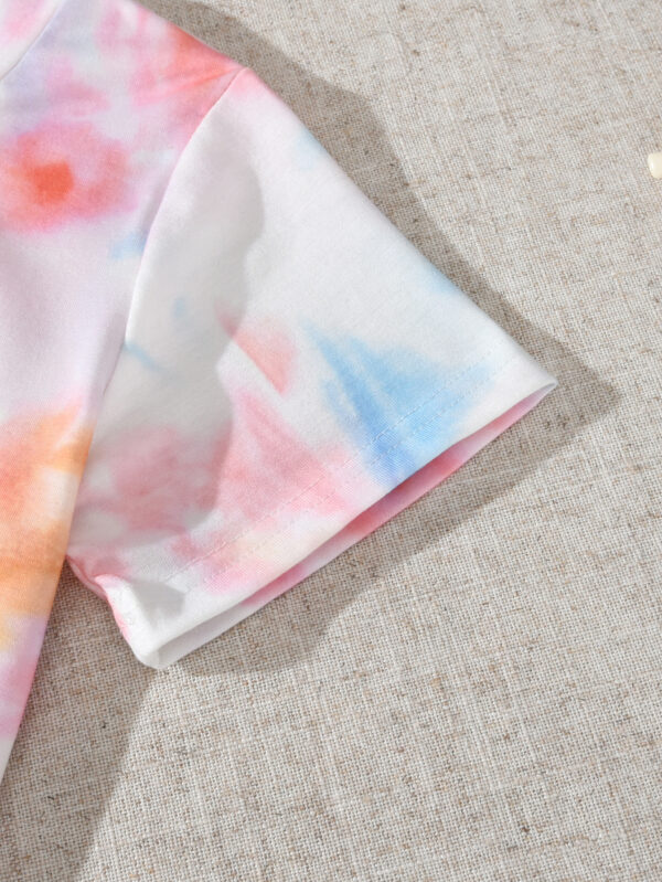 Boys&apos; Colorful Tie-Dye Palm Tree Pattern Short Lightweight Fashion Short-Sleeved Round Neck T-Shirt + Solid Color Shorts Set - Image 7