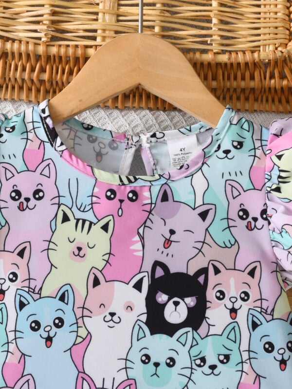 Girls Cartoon Cat Printed Flying Sleeve Dress Cute Animal Pattern A-Line Skirt Summer Dress - Image 5