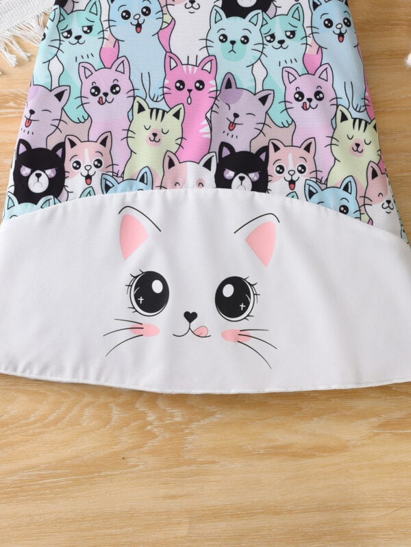Girls Cartoon Cat Printed Flying Sleeve Dress Cute Animal Pattern A-Line Skirt Summer Dress - Image 4
