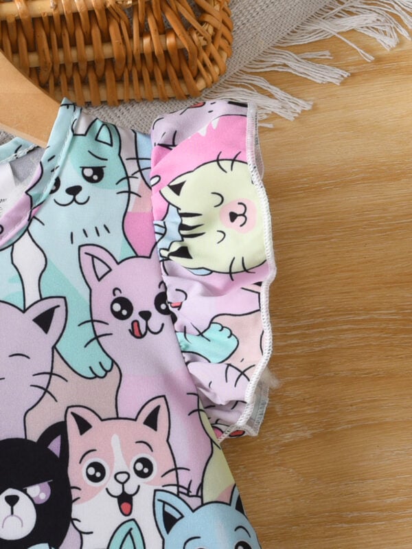 Girls Cartoon Cat Printed Flying Sleeve Dress Cute Animal Pattern A-Line Skirt Summer Dress - Image 3