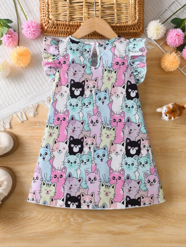 Girls Cartoon Cat Printed Flying Sleeve Dress Cute Animal Pattern A-Line Skirt Summer Dress - Image 2