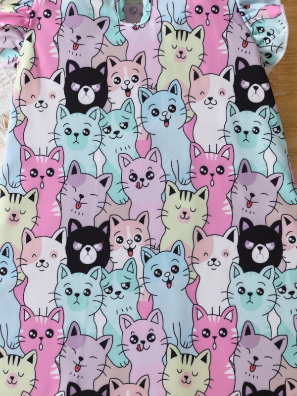 Girls Cartoon Cat Printed Flying Sleeve Dress Cute Animal Pattern A-Line Skirt Summer Dress - Image 6