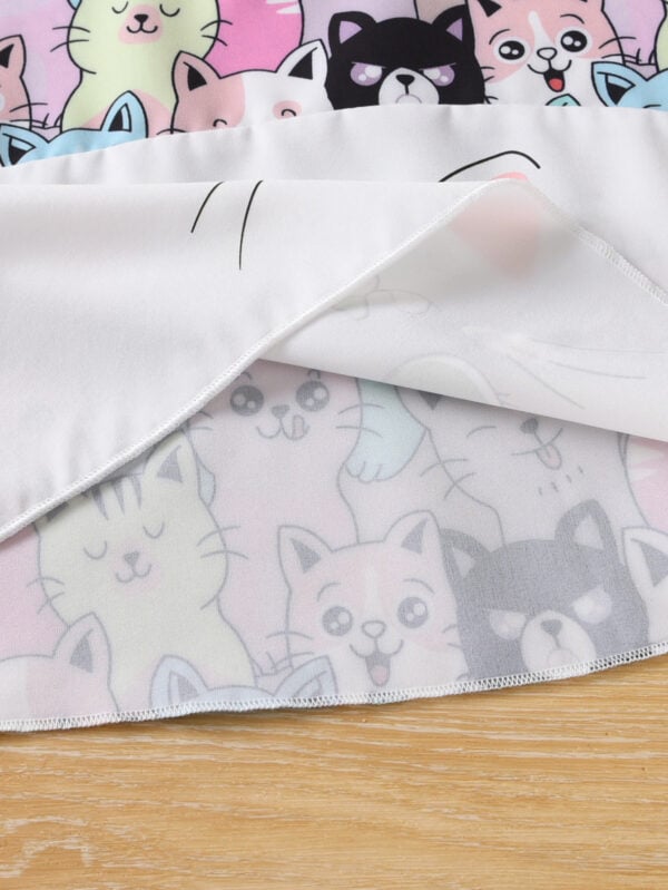 Girls Cartoon Cat Printed Flying Sleeve Dress Cute Animal Pattern A-Line Skirt Summer Dress - Image 7
