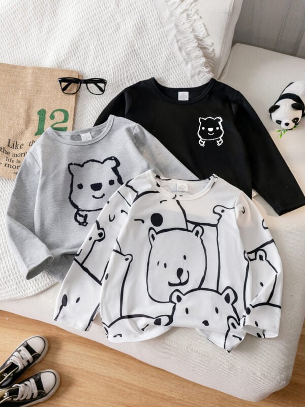 Autumn trendy three-piece sweatshirt for boys in black, white and gray with a small cartoon bear pattern