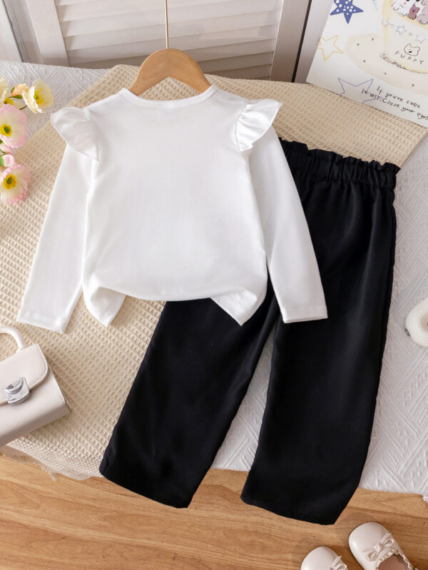 Girls&apos; autumn trendy round neck long sleeves with ruffled shoulders sweatshirt + black trousers suit - Image 2