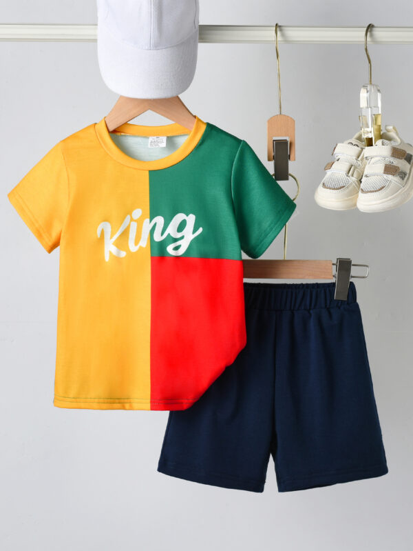 Boys&apos; summer fashion bright color patchwork letter pattern short-sleeved T-shirt and shorts set