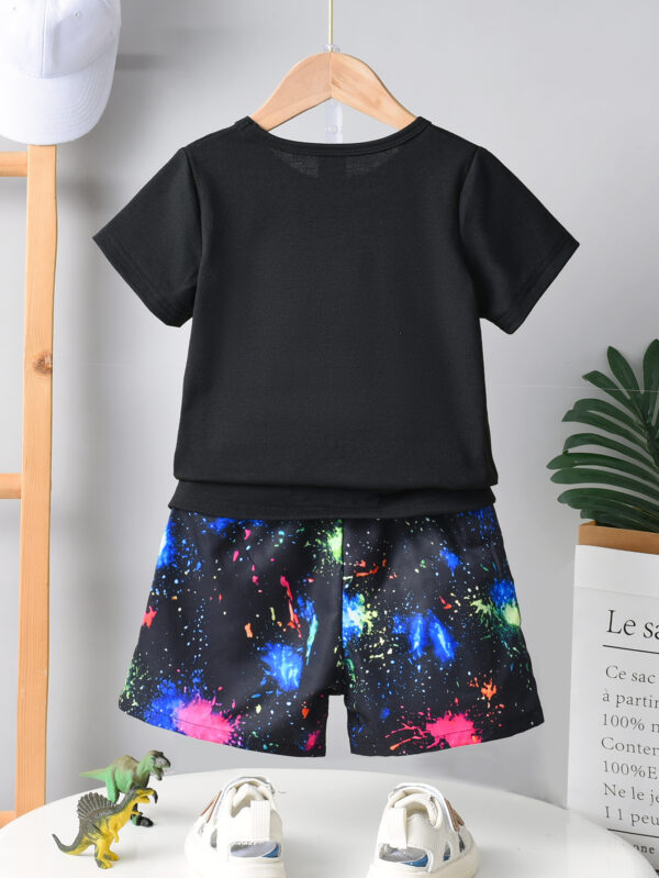 Boys summer new fashion splash ink color cool Tyrannosaurus Rex pattern T-shirt shorts two-piece set - Image 2