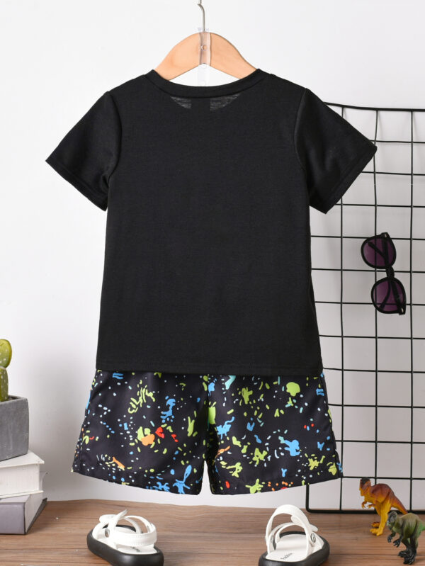 Summer European and American teenagers boys dinosaur positioning splash ink dot pattern round neck T-shirt + printed shorts set - Image 7