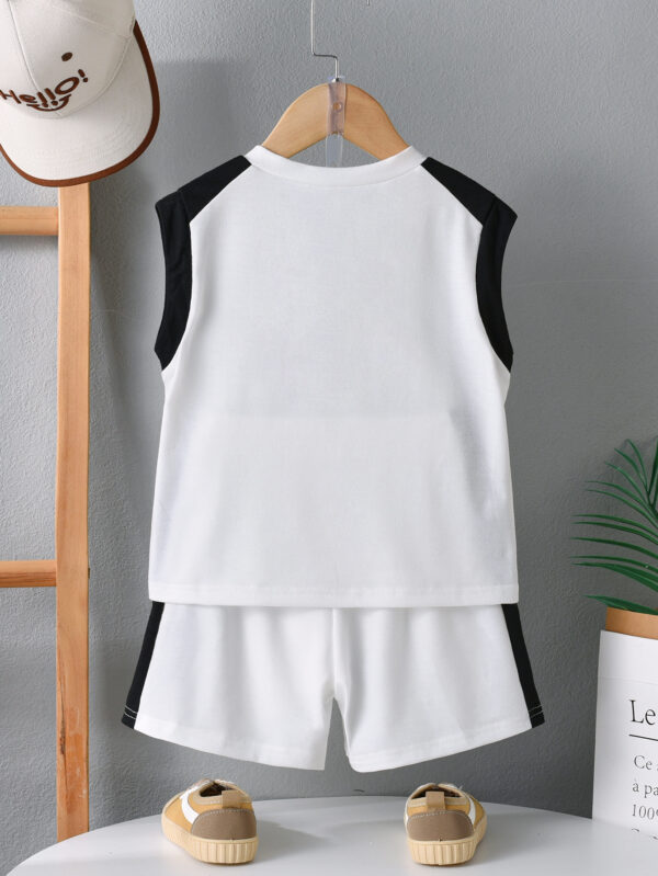 Boys&apos; Summer V-neck Sleeveless Shoulder Stitching Contrast Color Trendy T-shirt White Side Black Stripe Decorative Shorts - Image 2
