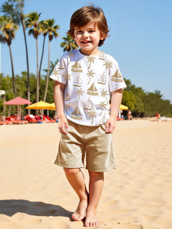 Boys Casual Summer Outfit - Nautical Sailboat and Palm Tree Print Short Sleeve Crew Neck Tee and Solid Shorts - Image 5
