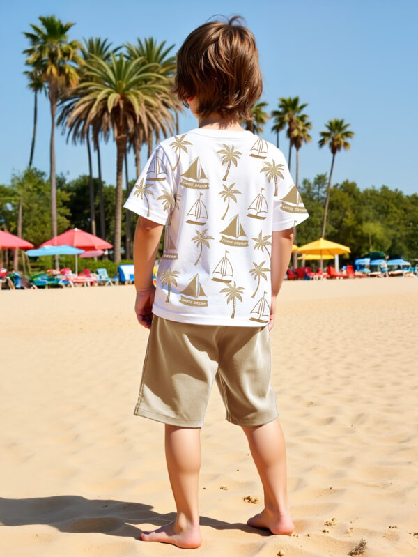 Boys Casual Summer Outfit - Nautical Sailboat and Palm Tree Print Short Sleeve Crew Neck Tee and Solid Shorts - Image 6