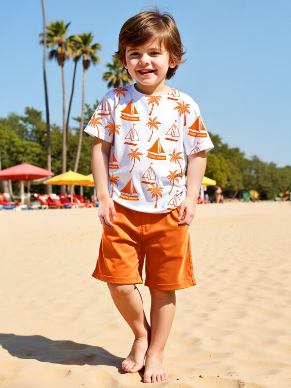 Boys Casual Summer Outfit - Nautical Sailboat and Palm Tree Print Short Sleeve Crew Neck Tee and Solid Shorts - Image 3