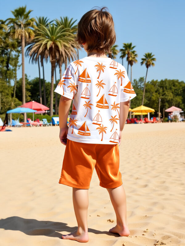 Boys Casual Summer Outfit - Nautical Sailboat and Palm Tree Print Short Sleeve Crew Neck Tee and Solid Shorts - Image 4