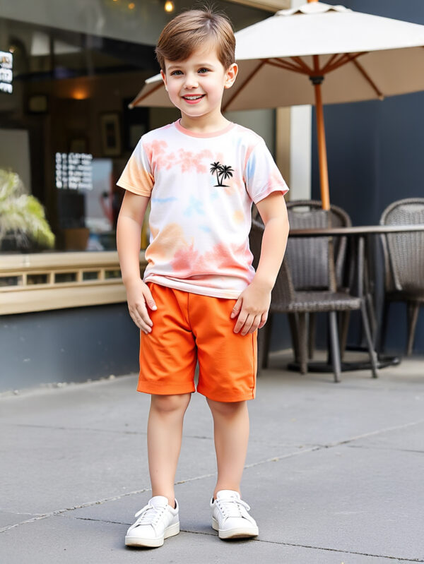 Boys&apos; Colorful Tie-Dye Palm Tree Pattern Short Lightweight Fashion Short-Sleeved Round Neck T-Shirt + Solid Color Shorts Set - Image 2