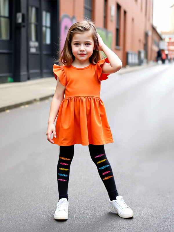 Summer Girls Orange Flying Sleeve Top + Trousers Set Girls Trendy Trousers Set - Image 2