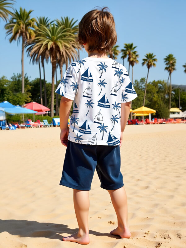Boys Casual Summer Outfit - Nautical Sailboat and Palm Tree Print Short Sleeve Crew Neck Tee and Solid Shorts - Image 2